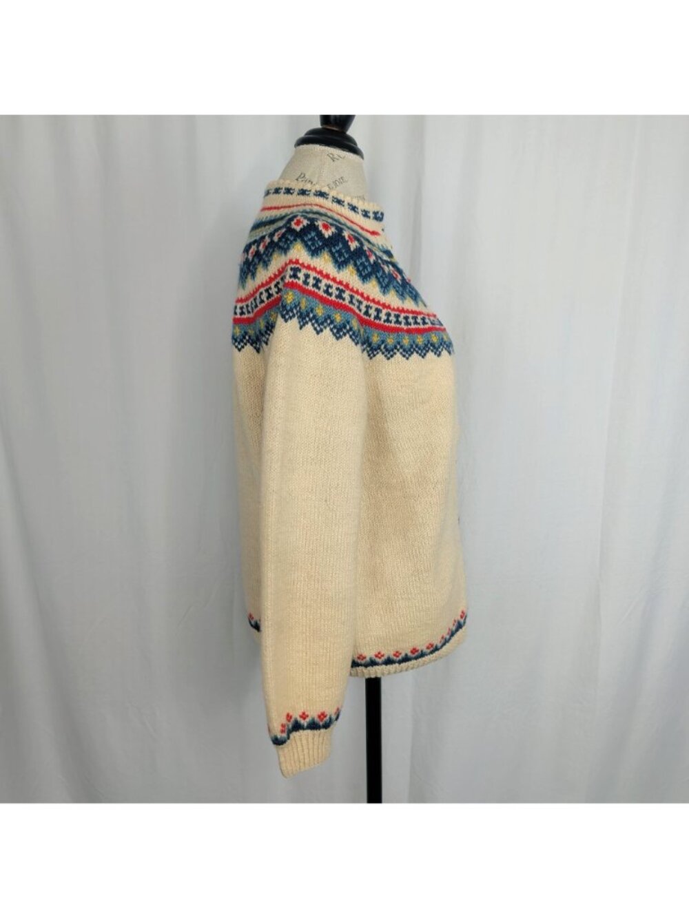 Vintage 60s Fair Isle Knit Cardigan Medium Cream Nordic - Picture 8 of 8
